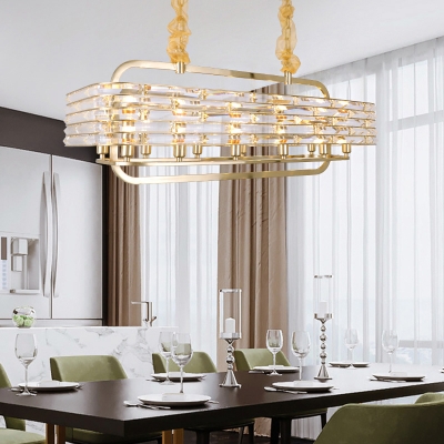 Gold Rectangle Island Light Modernist 8 Bulbs Crystal Suspended Lighting Fixture for Bedroom