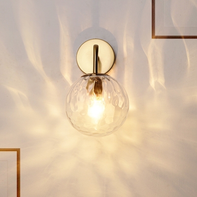 Golden Spherical Wall Lamp Minimalist 1 Light Rippled Glass Wall Sconce Lighting with Arm