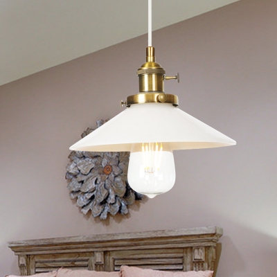 Milk Glass Cone Pendant Light Fixture Industrial Style 1 Light Black/Bronze/Brass Ceiling Light with Adjustable Cord