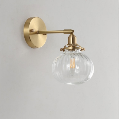 Minimalist Single Wall Light Golden Metal Bent Arm Sconce Lighting Fixture with Champagne/Clear Ribbed Glass Globe Shade
