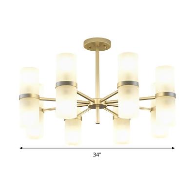 Modern 16 Heads Chandelier Light Gold Cylinder Pendant Lighting Fixture with Frosted Glass Shade
