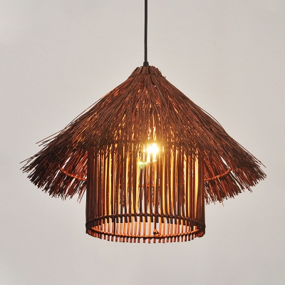 Modern House Shaped Rattan Pendant Light 1 Light Hanging Lamp in Coffee for Dining Room