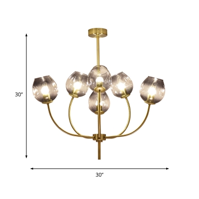 Modernism Cup Ceiling Chandelier Smoke Glass 6 Heads Living Room Pendant Light Fixture with Metal Curved Arm