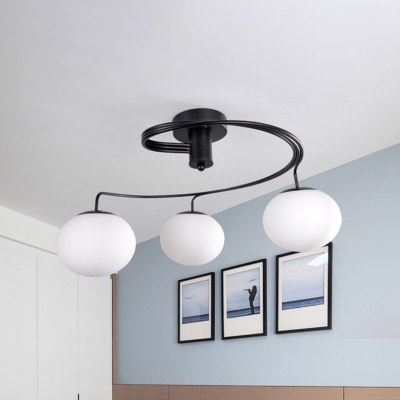 Modernist 3 Heads Semi Flush Light Black Ball Ceiling Mounted Fixture with Milk Glass Shade
