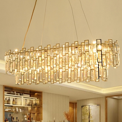 Oval Crystal Block Chandelier Lamp Traditional 10 Heads Dining Room Suspension Light in Gold