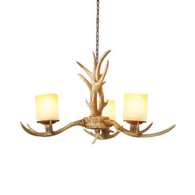 Resin Branch Chandelier Lamp Traditionary 3/6 Heads Ceiling Hanging Light in Brown with Cylinder Frosted Glass Shade