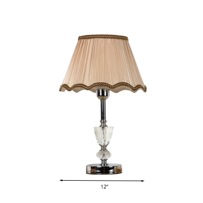 Retro Scalloped Table Lamp 1 Head Clear Crystal Nightstand Light in Beige with Fabric Pleated Shade
