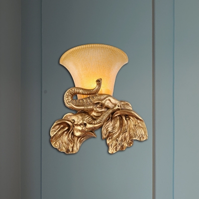 Retro Style Elephant Wall Sconce Fixture 1 Head Golden Resin Wall Mount Light with Yellow Glass Bell Shade