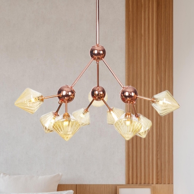 Rose Gold Starburst Chandelier Light Contemporary 9 Bulbs Metal Suspended Lighting Fixture with Amber Glass Shade