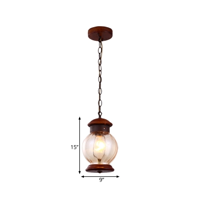 Round Wooden Drop Pendant Traditional 1-Light Brown Hanging Ceiling Lamp with Clear Glass Ball Shade
