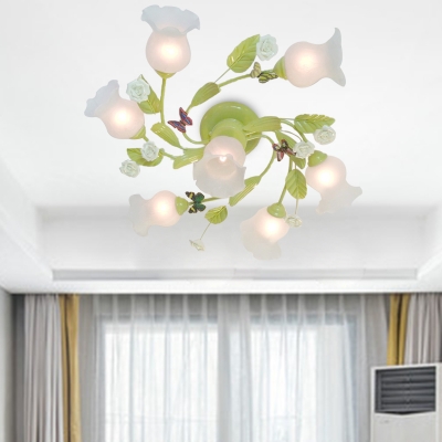 Scalloped Bedroom Semi-Flush Mount Traditional Opaque Glass 7 Bulbs Green Ceiling Light Fixture