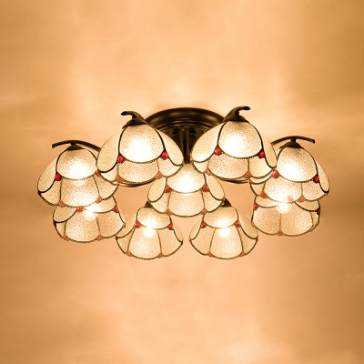 Scalloped Stained Glass Semi Flush Mount Lamp Tiffany 3/6/8 Heads Black Ceiling Light Fixture