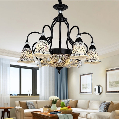 Stained Glass Black Chandelier Lighting Bell 6/9/11 Lights Tiffany Pendant Ceiling Light for Living Room