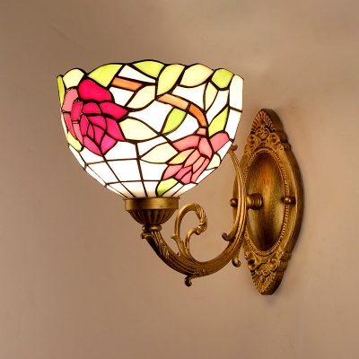 Stained Glass Rose Red Wall Lighting Blossom 1 Light Mediterranean Sconce Light Fixture for Living Room