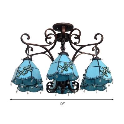 Tiffany-Style Scalloped Chandelier Light 6 Heads Hand Rolled Art Glass Ceiling Lamp in Blue/Textured Silver for Living Room