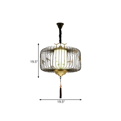 Traditional Drum Drop Lamp 1 Head Fabric Pendant Ceiling Light in Black for Dining Room, 19.5