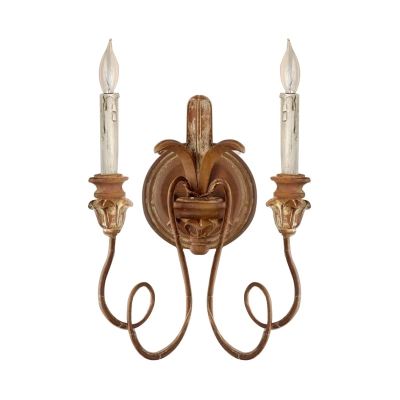 Wood Scroll Frame Sconce Countryside 2 Lights Bedroom Wall Lighting Fixture in Bronze/White/Distressed White