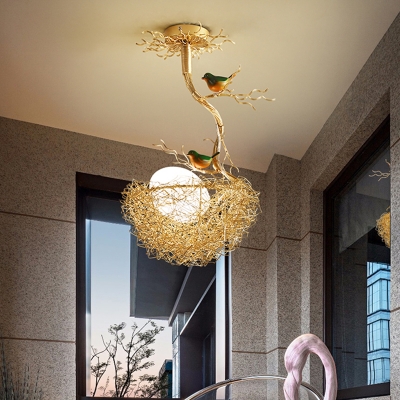Woven Nest Chandelier Light Contemporary Metal and White Glass Pendant Lamp with Bird Accents