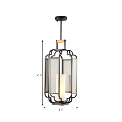 1 Bulb Ceiling Pendant Light Traditional Living Room Hanging Lamp with Cylinder Tan Glass Shade in Black, 8