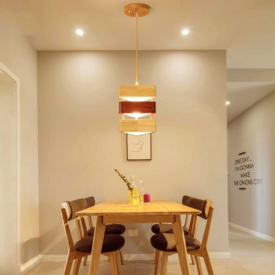 1 Head Dining Room Pendant Lamp Asia Beige Ceiling Hanging Light with Triangle Wood Shade
