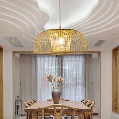 1 Light Dining Room Ceiling Light Modern Beige Pendant Lamp with Dome Bamboo Shade