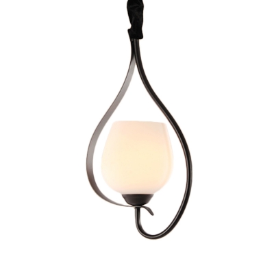 1 Light Dining Room Hanging Lamp Modern Style Black Suspended Lighting Fixture with Bowl Milk Glass Shade
