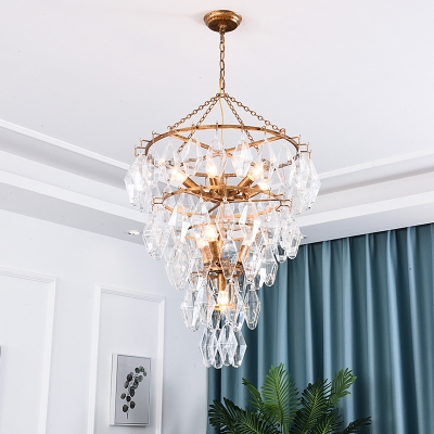 10 Lights Crystal Chandelier Lamp Countryside Gold Conical Corridor Hanging Pendant Light