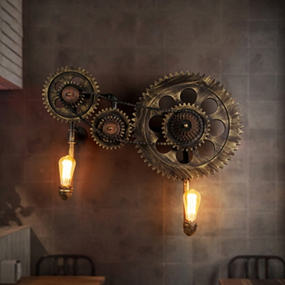 2 Lights Exposed Bulb Wall Lighting Fixture Vintage Antique Bronze Metal Sconce Lamp
