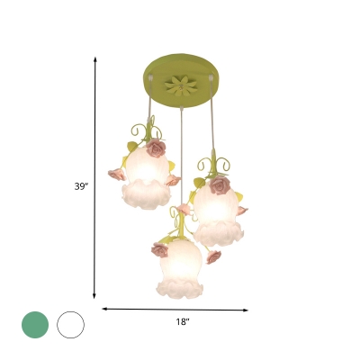 3 Bulbs Scalloped Cluster Pendant Traditionalism White/Green Frosted Glass Hanging Light Fixture