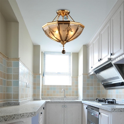 4-Light Opaline Glass Semi Flush Chandelier Traditionalism Brass Bowl Bedroom Ceiling Mount Light Fixture