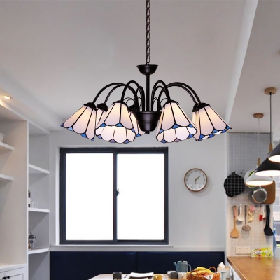 6/8 Lights Hanging Chandelier Mediterranean Conical Stained Art Glass Pendant Ceiling Light in Black