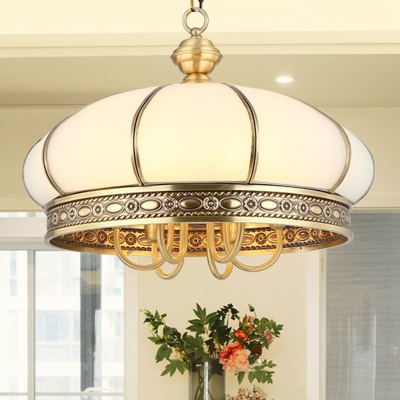 6 Bulbs Oval Hanging Chandelier Colonial Gold Opal Frosted Glass Ceiling Suspension Lamp for Bedroom