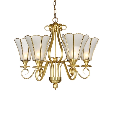 6 Bulbs Wide Flare Chandelier Lamp Colony Brass Frosted Glass Suspension Pendant Light for Living Room