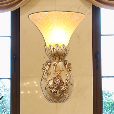 Amber Glass Bell Sconce Lamp Retro Style 1 Bulb Bedroom Wall Lighting with Golden Carved Backplate