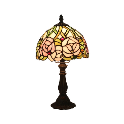 Antique Brass 1 Head Desk Light Victorian Multicolored Stained Glass Red Rose/Tulip/Pink Rose Table Light
