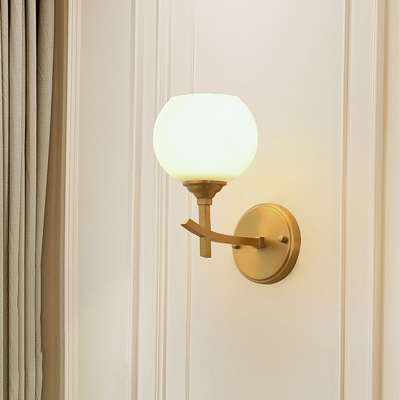 Armed Sconce Light Contemporary Metal 1 Bulb Brass Wall Mount Lighting with Opal Glass Shade