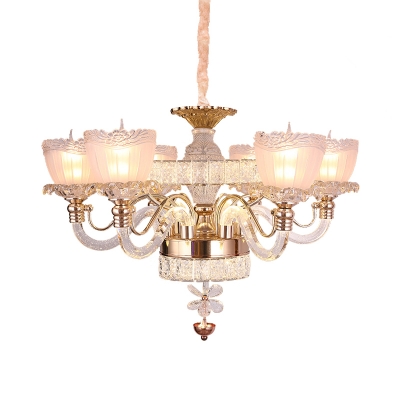 Bell Living Room Chandelier Pendant Light Crystal 6 Lights Modern Style Hanging Lamp Kit in Rose Gold with Frosted Glass Shade