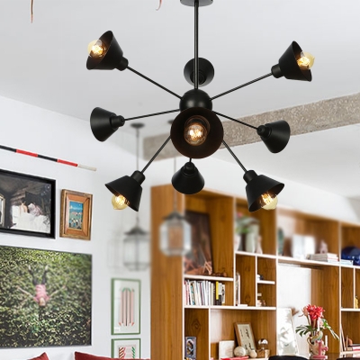 Black Starburst Chandelier Lighting Industrial Stylish 9/12/15 Lights Metal Ceiling Light Fixture with Cone Shade