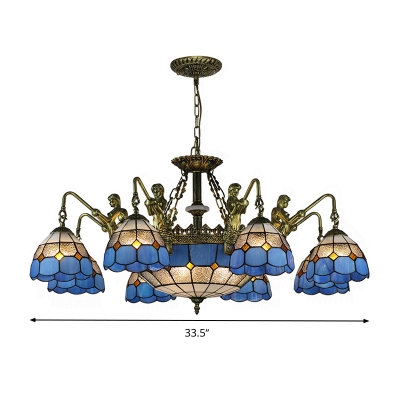 Blue Mermaid Chandelier Light Fixture Mediterranean 3/5/9 Bulbs Multicolored Stained Glass Pendant Lamp for Kitchen