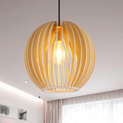 Chinese 1 Head Hanging Lamp Beige Globe Ceiling Pendant Light with Wood Shade