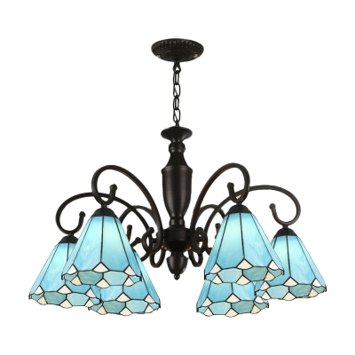 Conical/Dome Chandelier Light Fixture Tiffany White/Sky Blue/Dark Blue Glass 6 Lights Black Down Lighting for Living Room