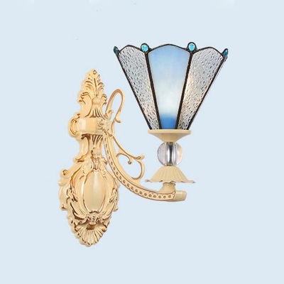 Conical/Dome Sconce 1 Light Cut Glass Mediterranean Style Wall Mounted Light Fixture in Dark Blue/Orange/Blue for Balcony