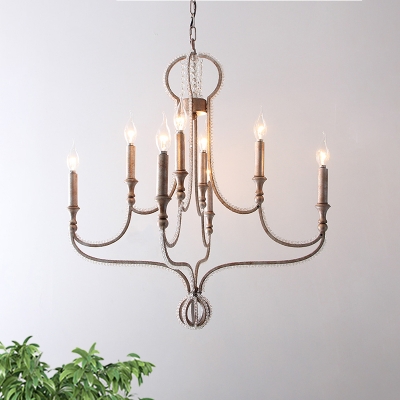 Crystal Candelabra Chandelier Lamp Countryside 8 Lights Living Room Hanging Ceiling Light in Aged Silver