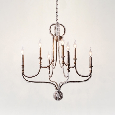 Crystal Candelabra Chandelier Lamp Countryside 8 Lights Living Room Hanging Ceiling Light in Aged Silver