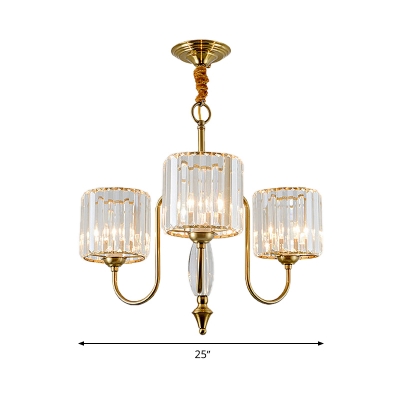 Crystal Cylinder Hanging Chandelier Modern 3/5/6 Bulbs Brass Finish Ceiling Pendant Light with Metal Curved Arm