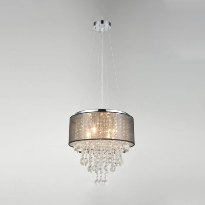 Cut Crystal Chrome Hanging Chandelier Drum 6 Lights Retro Down Lighting Pendant with Fabric Shade