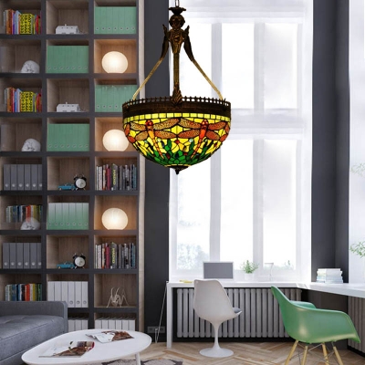Dragonfly Chandelier Lighting Fixture 3 Lights Stained Glass Mediterranean Ceiling Lamp in Orange