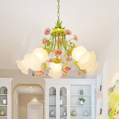 Floral White Glass Chandelier Light Countryside 5 Bulbs Living Room Pendant Lamp in Pink/Green