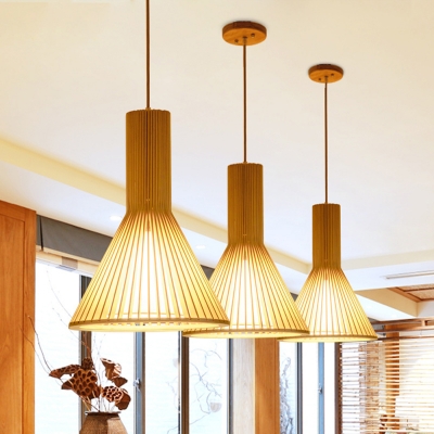 Funnel Pendant Lighting Japanese Wood 1 Bulb Beige Ceiling Hanging Light with Inner Cone White Shade