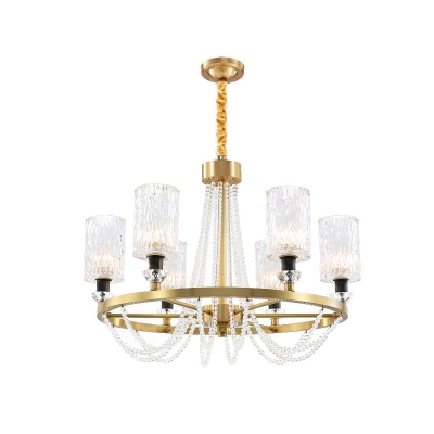 Gold 6 Heads Chandelier Lighting Traditional Crystal Dimpled Glass Cylinder Hanging Ceiling Light